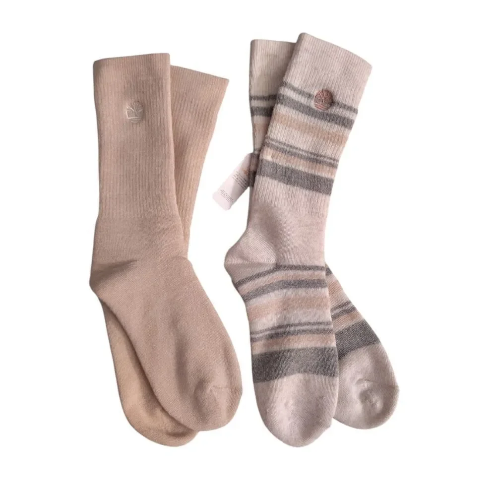 Timberland 2 Pairs Cushioned‎ Boot Socks Logo Pink Grey White Striped NWT